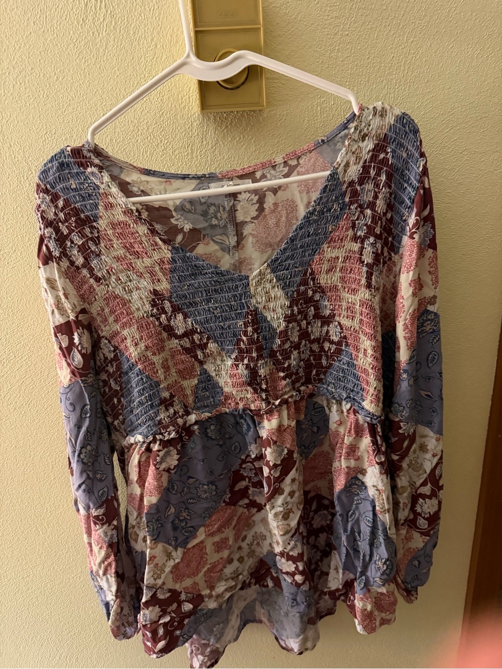 Maurices Multi-Color Patchwork Smocked V-Neck Tunic - Blue, Burgundy, Cream